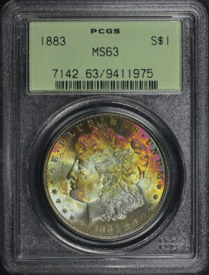 Obverse of this 1883 Morgan Dollar PCGS MS-63 Old Green Holder Sunset Obverse Toning