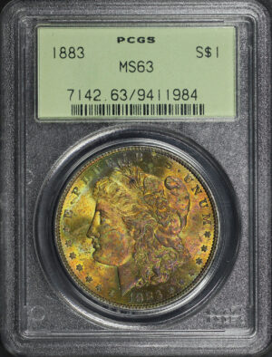 Obverse of this 1883 Morgan Dollar PCGS MS-63 Old Green Holder Rainbow Obverse Toning