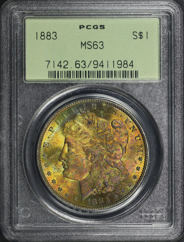 Obverse of this 1883 Morgan Dollar PCGS MS-63 Old Green Holder Rainbow Obverse Toning