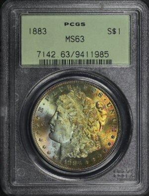 Obverse of this 1883 Morgan Dollar PCGS MS-63 Old Green Holder Rainbow Obverse Toning