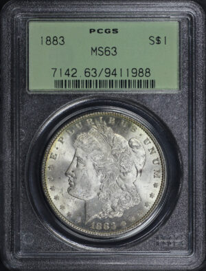 Obverse of this 1883 Morgan Dollar PCGS MS-63 Old Green Holder Rainbow Reverse Toning