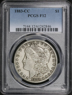 Obverse of this 1883-CC Morgan Dollar PCGS F-12