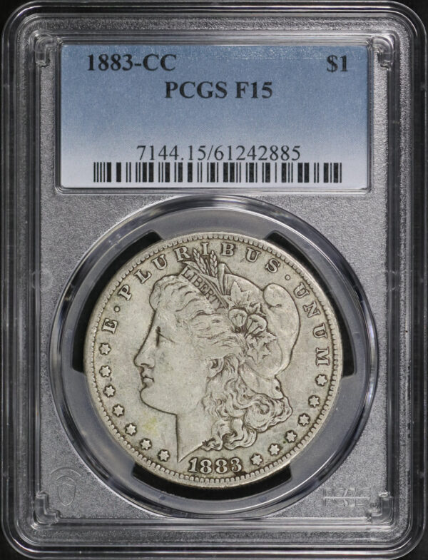 Obverse of this 1883-CC Morgan Dollar PCGS F-15