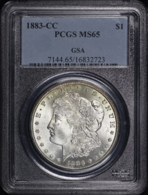 Obverse of this 1883-CC Morgan Dollar PCGS MS-65 GSA Hoard Label