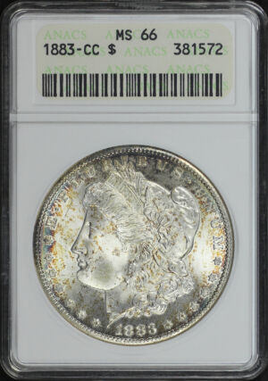 Obverse of this 1883-CC Morgan Dollar ANACS MS-66