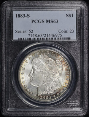 Obverse of this 1883-S Morgan Dollar PCGS MS-63 Blue & Crimson Rim Toning