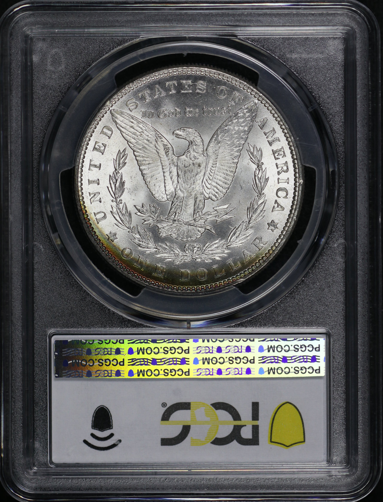 Reverse of this 1884 Morgan Dollar PCGS MS-64 – Banded Rainbow Reverse Toning