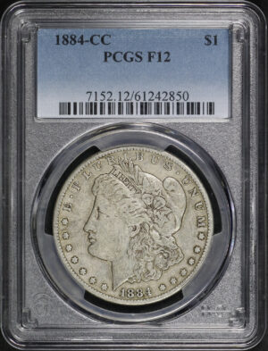 Obverse of this 1884-CC Morgan Dollar PCGS F-12