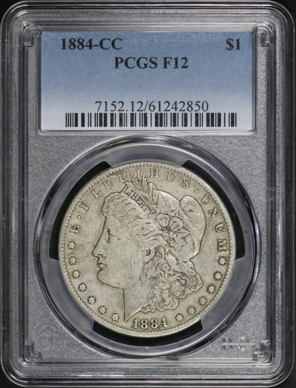Obverse of this 1884-CC Morgan Dollar PCGS F-12