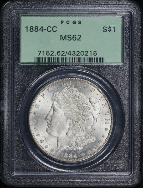 Obverse of this 1884-CC Morgan Dollar PCGS MS-62 Old Green Holder