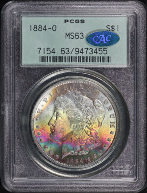 Obverse of this 1884-O Morgan Dollar PCGS MS-63 CAC Old Green Holder Rainbow Obverse Monster Toning