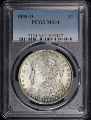 Obverse of this 1884-O Morgan Dollar PCGS MS-64 – Blue, Green, & Gold Rim Toning