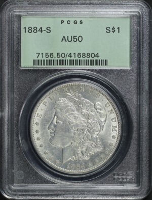 Obverse of this 1884-S Morgan Dollar PCGS AU-50 Old Green Holder