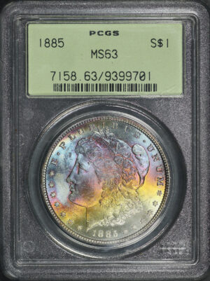 Obverse of this 1885 Morgan Dollar PCGS MS-63 Old Green Holder Banded Neon Rainbow Toning