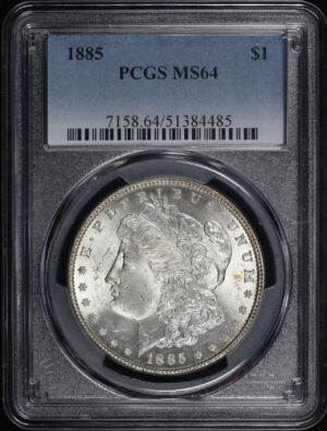 Obverse of this 1885 Morgan Dollar PCGS MS-64 – Vibrant Gold Reverse Toning