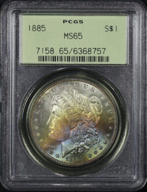 Obverse of this 1885 Morgan Dollar PCGS MS-65 Old Green Holder Obverse Rainbow Toning
