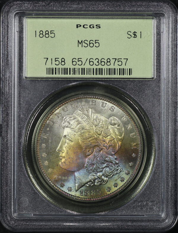 Obverse of this 1885 Morgan Dollar PCGS MS-65 Old Green Holder Obverse Rainbow Toning
