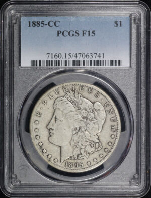 Obverse of this 1885-CC Morgan Dollar PCGS F-15