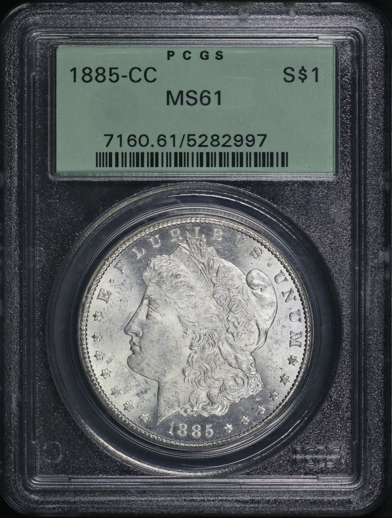 Obverse of this 1885-CC Morgan Dollar PCGS MS-61 Old Green Holder