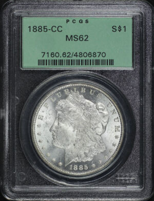 Obverse of this 1885-CC Morgan Dollar PCGS MS-62 Old Green Holder