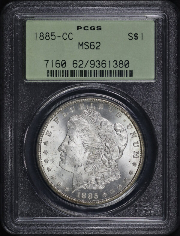 Obverse of this 1885-CC Morgan Dollar PCGS MS-62 Old Green Holder