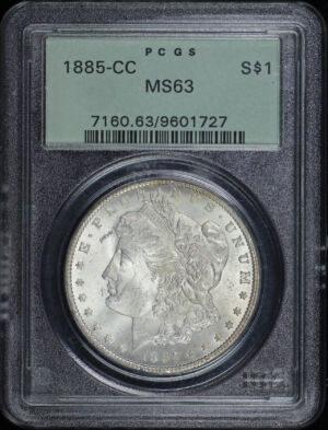 Obverse of this 1885-CC Morgan Dollar PCGS MS-63 Old Green Holder