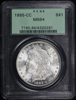 Obverse of this 1885-CC Morgan Dollar PCGS MS-64 Old Green Holder