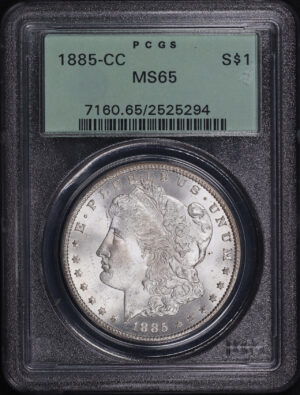 Obverse of this 1885-CC Morgan Dollar PCGS MS-65 Old Green Holder