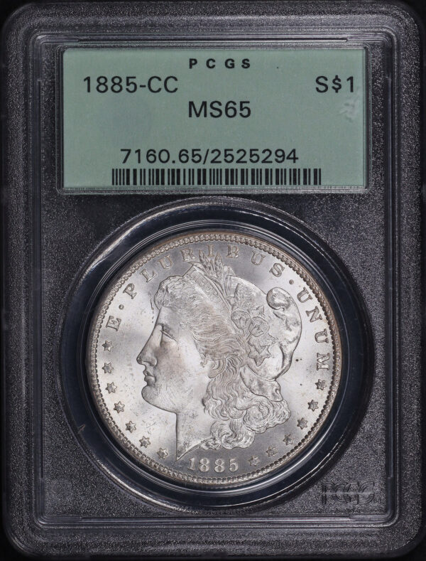 Obverse of this 1885-CC Morgan Dollar PCGS MS-65 Old Green Holder