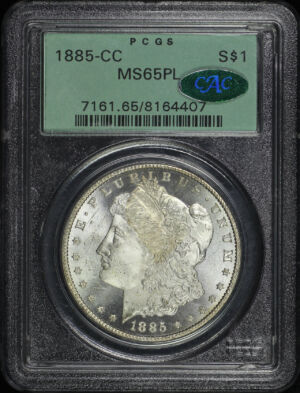 Obverse of this 1885-CC Morgan Dollar PCGS MS-65 PL CAC Old Green Holder