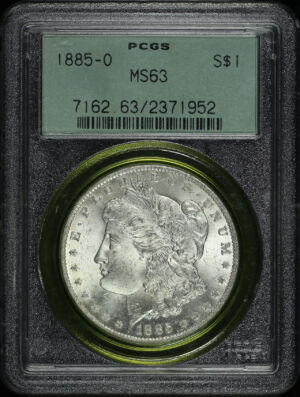 Obverse of this 1885-O Morgan Dollar PCGS MS-63 Old Green Gasket Holder 