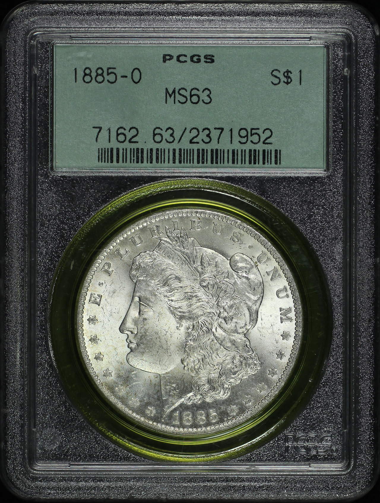 Obverse of this 1885-O Morgan Dollar PCGS MS-63 Old Green Gasket Holder