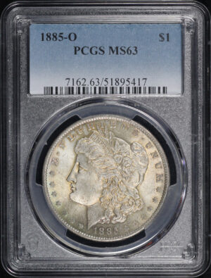 Obverse of this 1885-O Morgan Dollar PCGS MS-63 – Orange & Green Toning