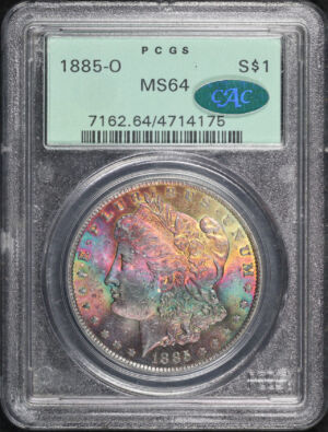 Obverse of this 1885-O Morgan Dollar PCGS MS-64 CAC Old Green Holder Velvety Rainbow Obverse Monster Toning