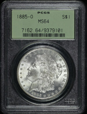 Obverse of this 1885-O Morgan Dollar PCGS MS-64 Old Green Holder