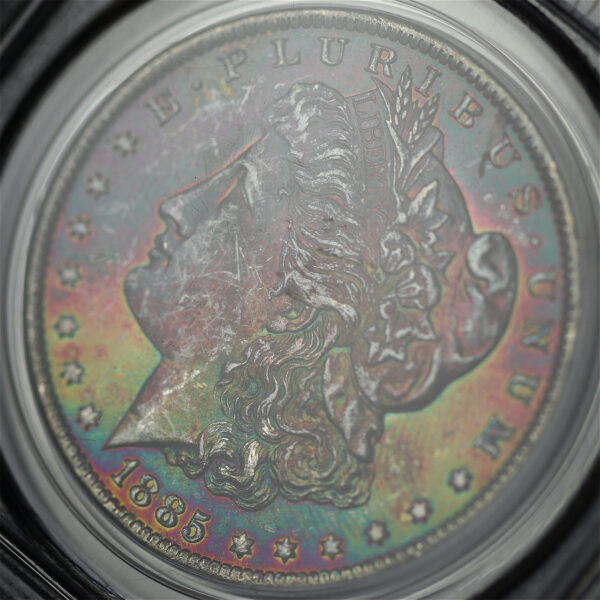 Gallery image of this 1885-O Morgan Dollar PCGS MS-64 Blue, Green, & Violet Obverse Toning