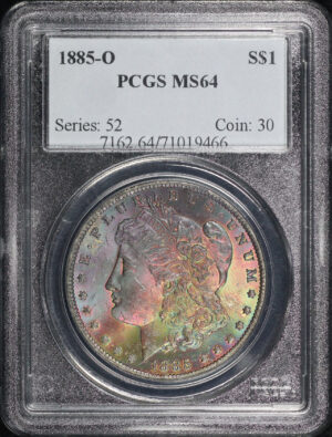 Obverse of this 1885-O Morgan Dollar PCGS MS-64 Blue, Green, & Violet Obverse Toning
