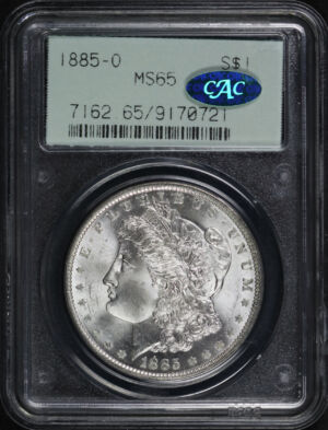 Obverse of this 1885-O Morgan Dollar PCGS MS-65 CAC Green Gasket Holder
