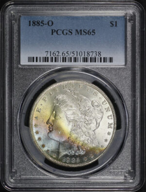 Obverse of this 1885-O Morgan Dollar PCGS MS-65 Rainbow Toning