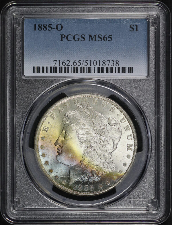 Obverse of this 1885-O Morgan Dollar PCGS MS-65 Rainbow Toning