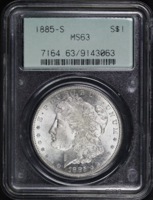 Obverse of this 1885-S Morgan Dollar PCGS MS-63 Old Green Gasket Holder