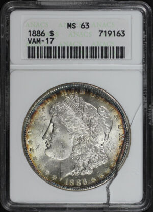 Obverse of this 1886 Morgan Dollar VAM-17 ANACS MS-63