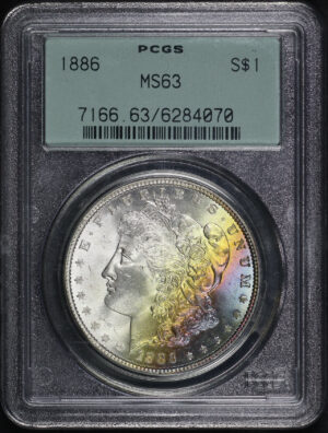 Obverse of this 1886 Morgan Dollar PCGS MS-63 Old Green Holder Rainbow Toning