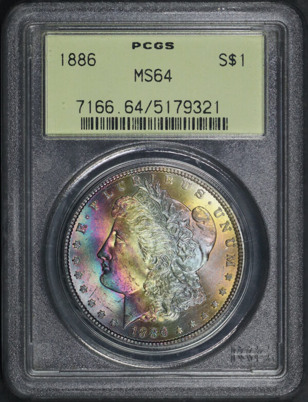 Obverse of this 1886 Morgan Dollar PCGS MS-64 Old Green Holder, Banded Neon Rainbow Toning