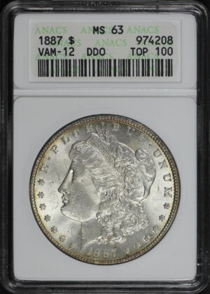 Obverse of this 1887 Top-100 Morgan Dollar VAM-12 ANACS MS-63