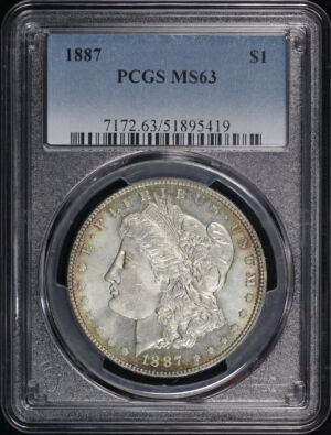 Obverse of this 1887 Morgan Dollar PCGS MS-63 – Sunset Hue Rim Toning