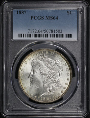 Obverse of this 1887 Morgan Dollar PCGS MS-64 – Smoky Blue & Sunset Hue Reverse Crescent Toning