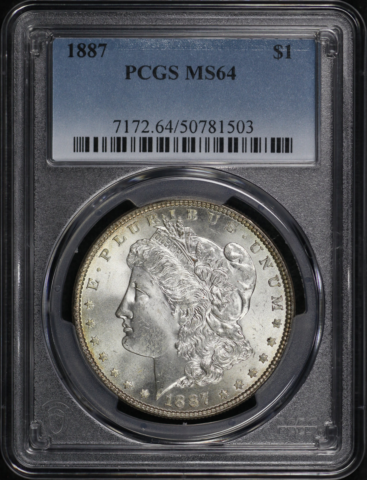 Obverse of this 1887 Morgan Dollar PCGS MS-64 – Smoky Blue & Sunset Hue Reverse Crescent Toning