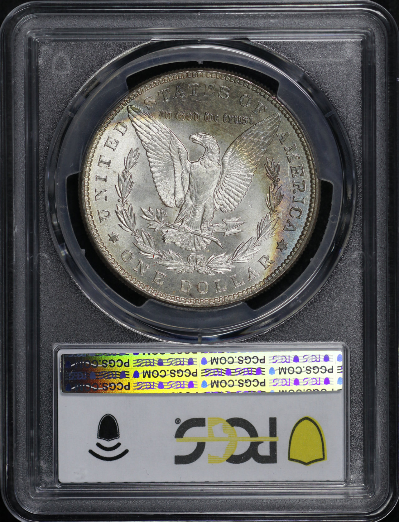 Reverse of this 1887 Morgan Dollar PCGS MS-64 – Smoky Blue & Sunset Hue Reverse Crescent Toning