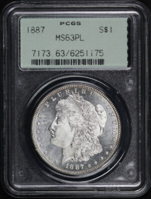 Obverse of this 1887 Morgan Dollar PCGS MS-63 PL Old Green Gasket Holder